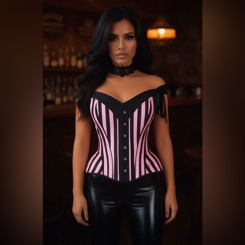 Daisy Corset Top Drawer Pink/Black Striped Steel Boned Corset Size XS NWT